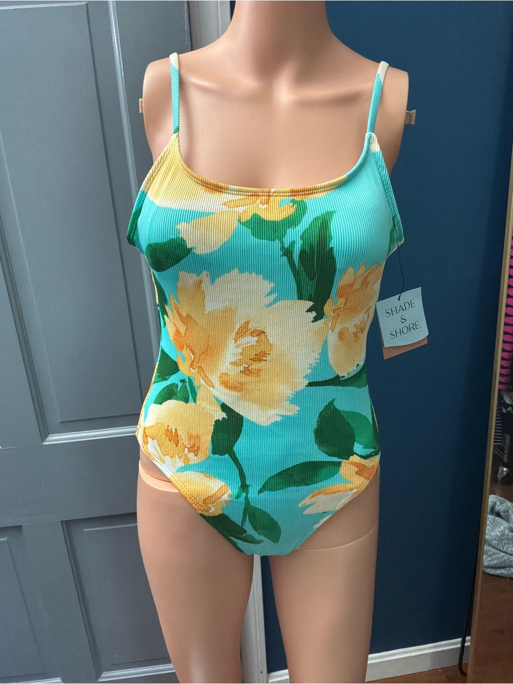 Shade & Shore Turquoise Floral Ribbed One-Piece Swimsuit